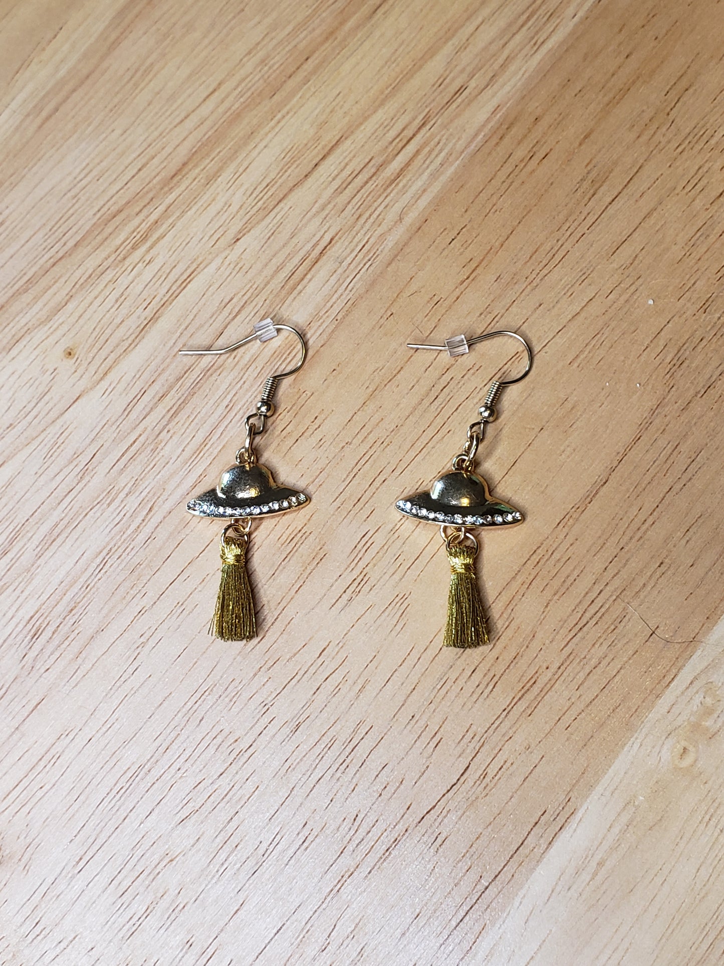 Gold Finish Spaceship Earrings w/ Tassels