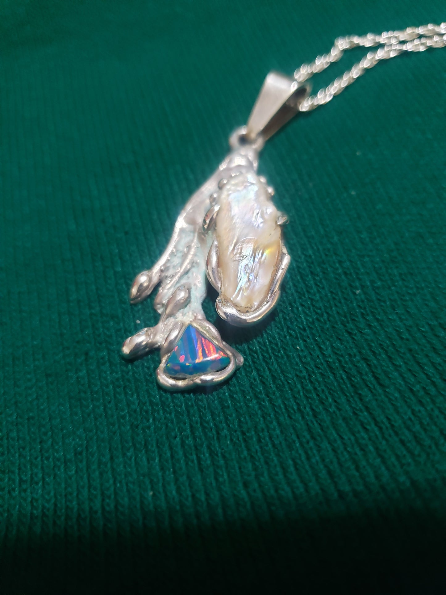 Freeform Pearl and Fire Opal Pendant Necklace