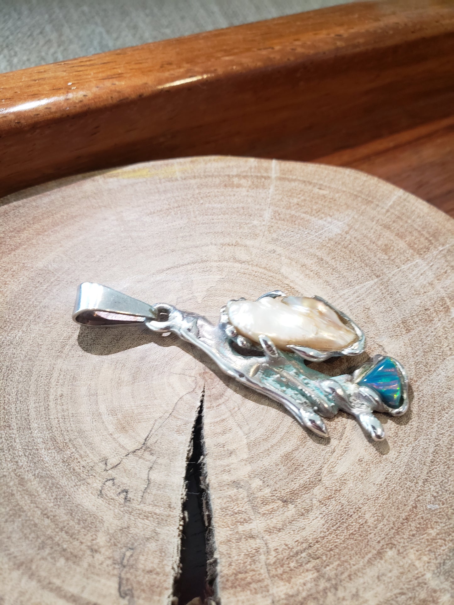 Freeform Pearl and Fire Opal Pendant Necklace