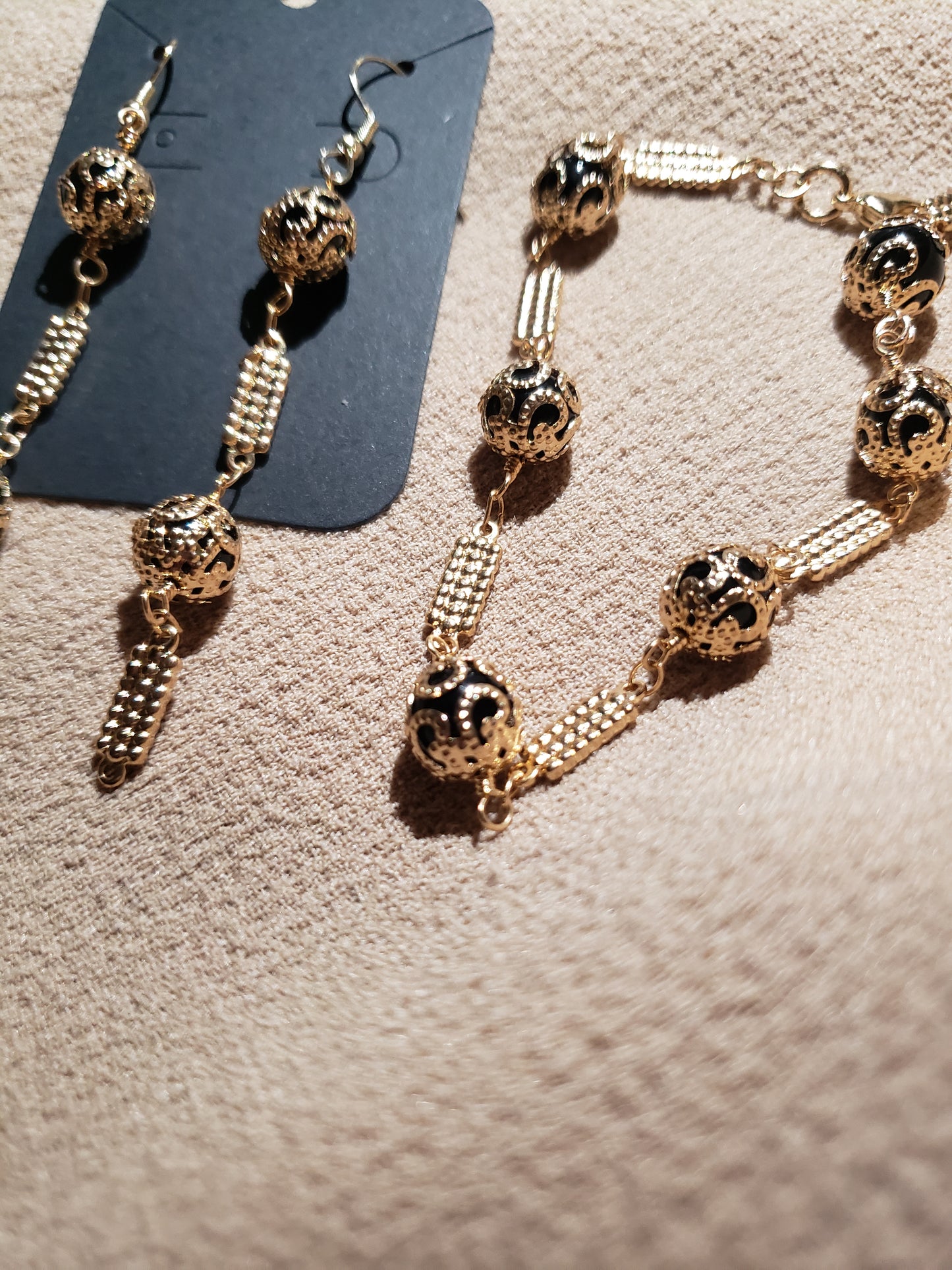 Gold Caged Bead Bracelet and Earring Set