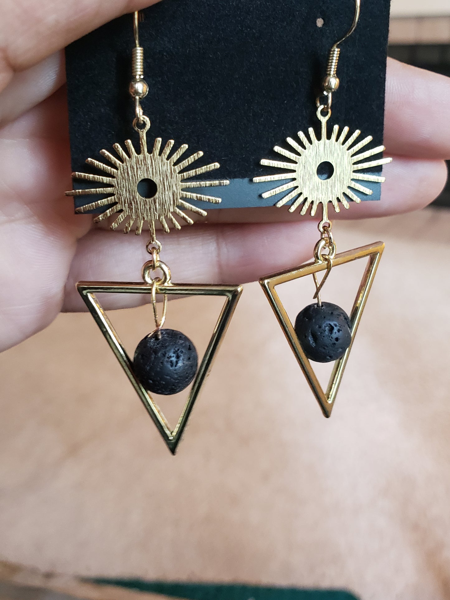 High Vibrations Essential Oil Diffuser Lava Stone Earrings with Geometric Evil Eye Charm