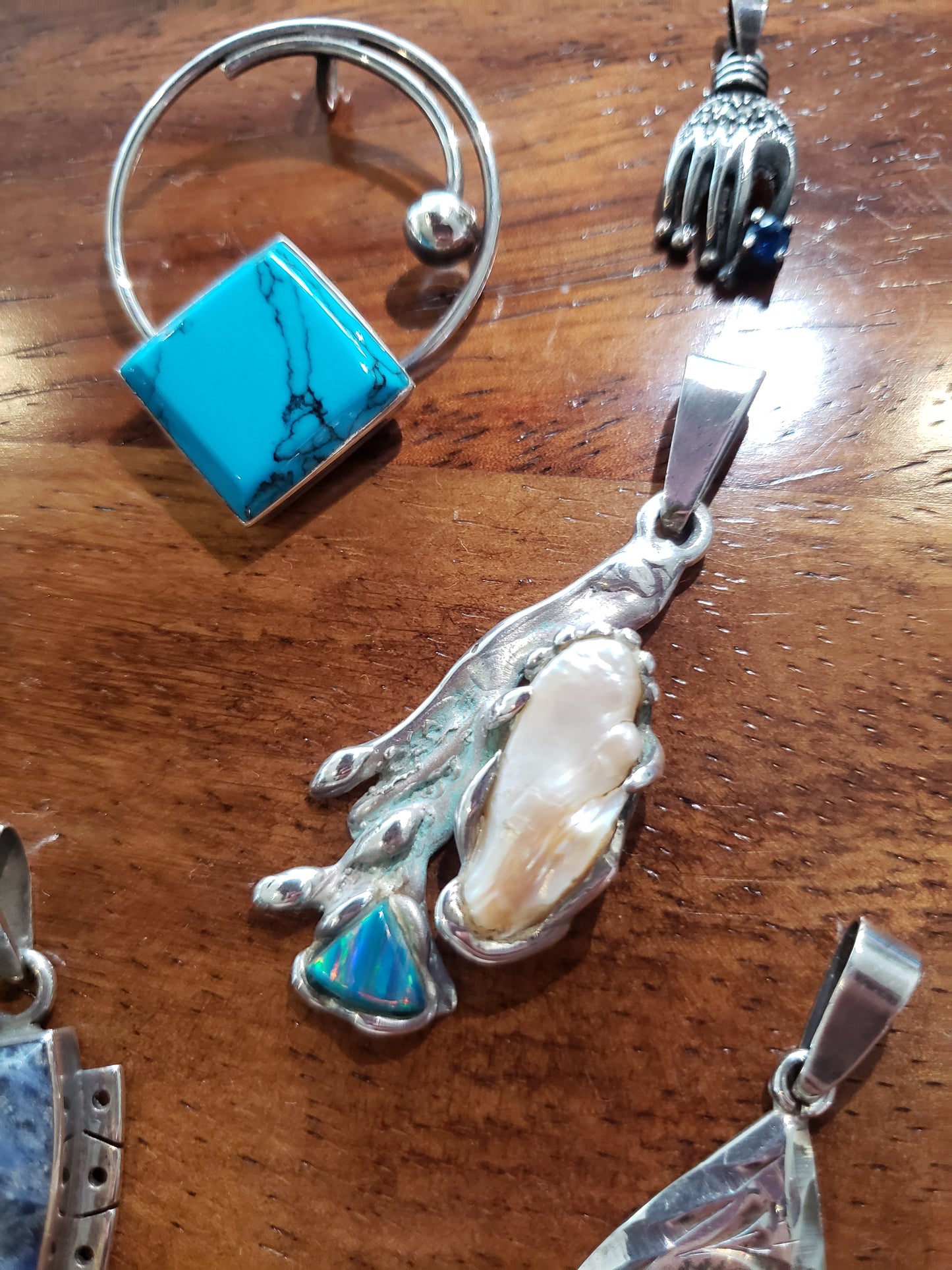 Freeform Pearl and Fire Opal Pendant Necklace