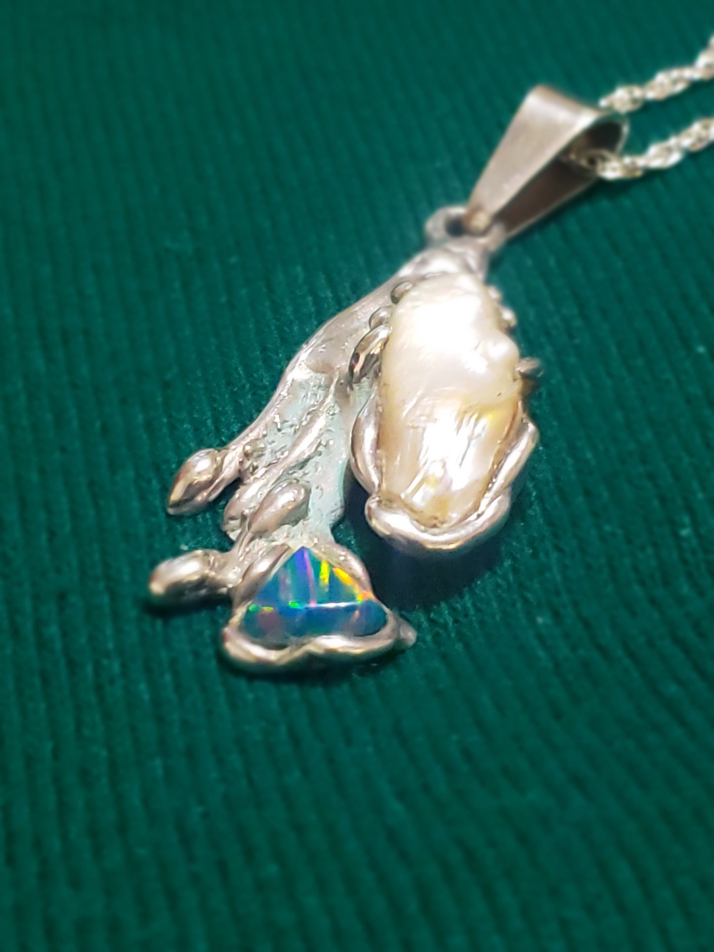 Freeform Pearl and Fire Opal Pendant Necklace