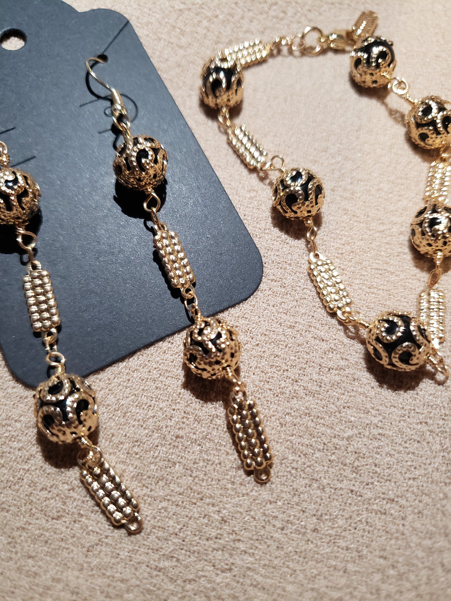 Gold Caged Bead Bracelet and Earring Set