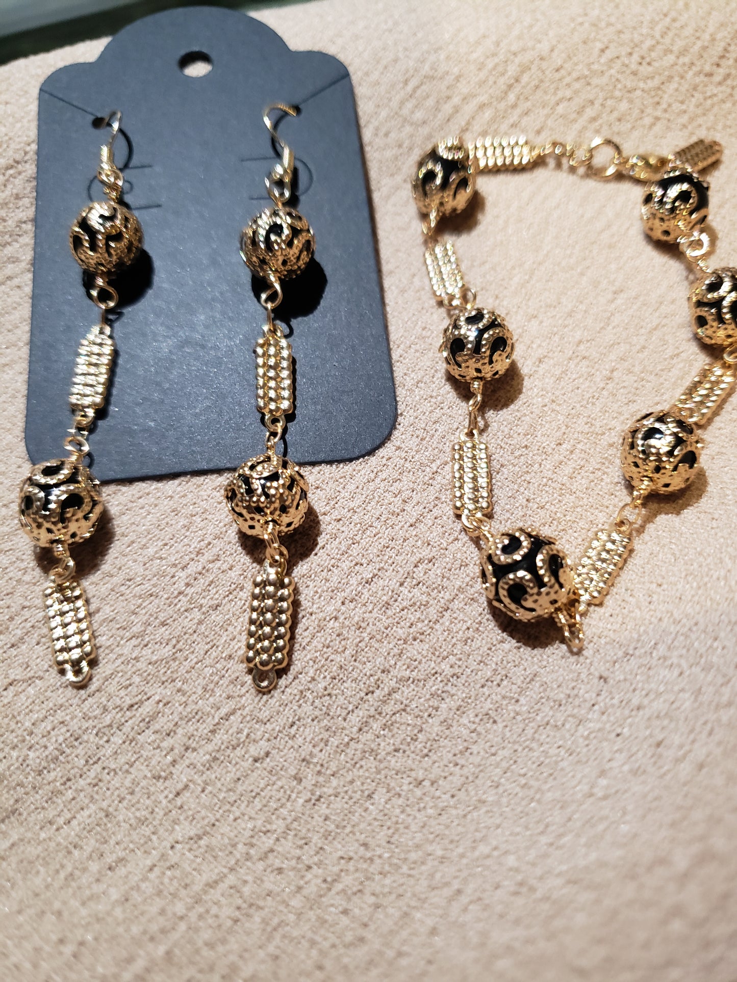 Gold Caged Bead Bracelet and Earring Set