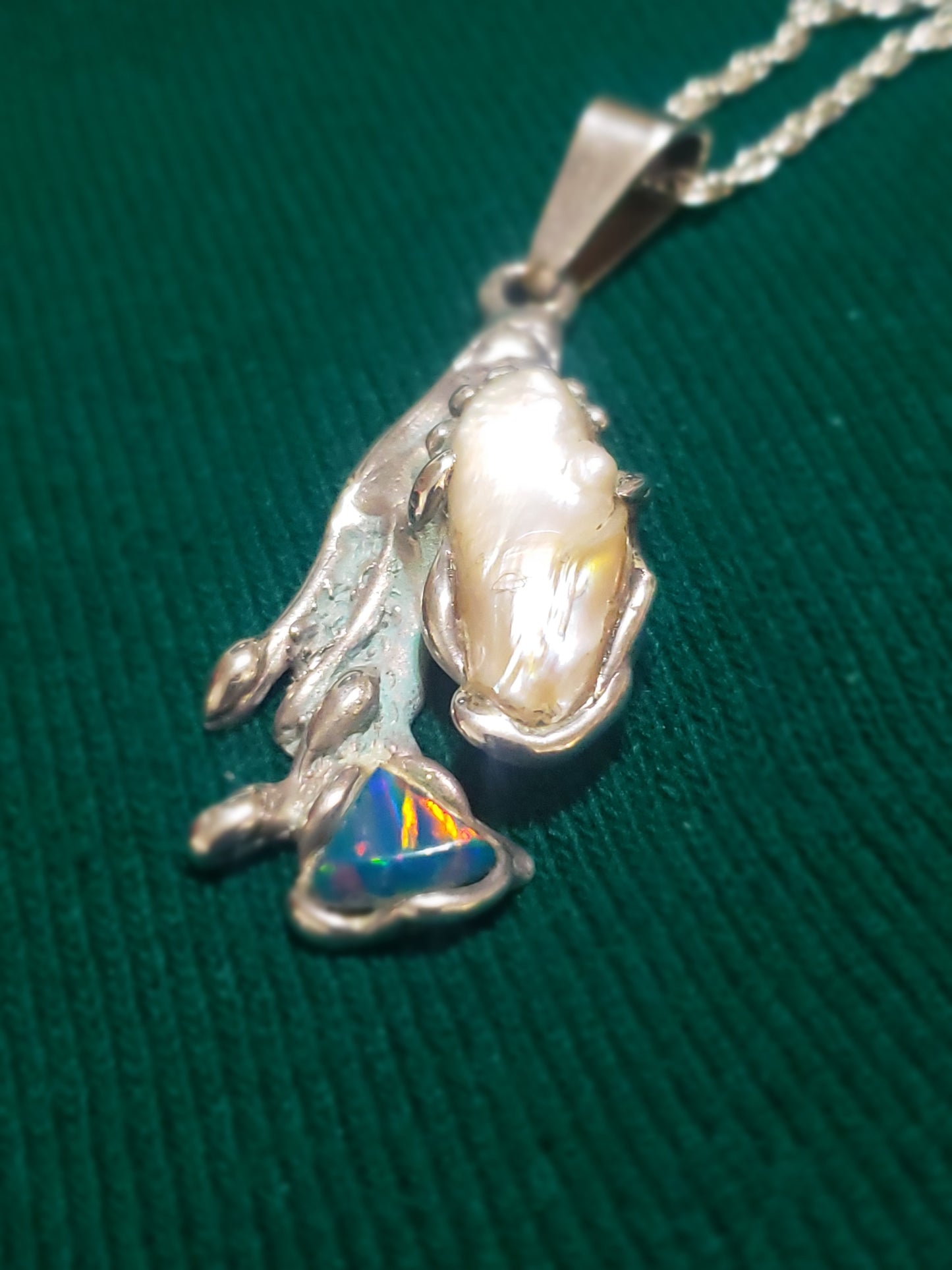 Freeform Pearl and Fire Opal Pendant Necklace