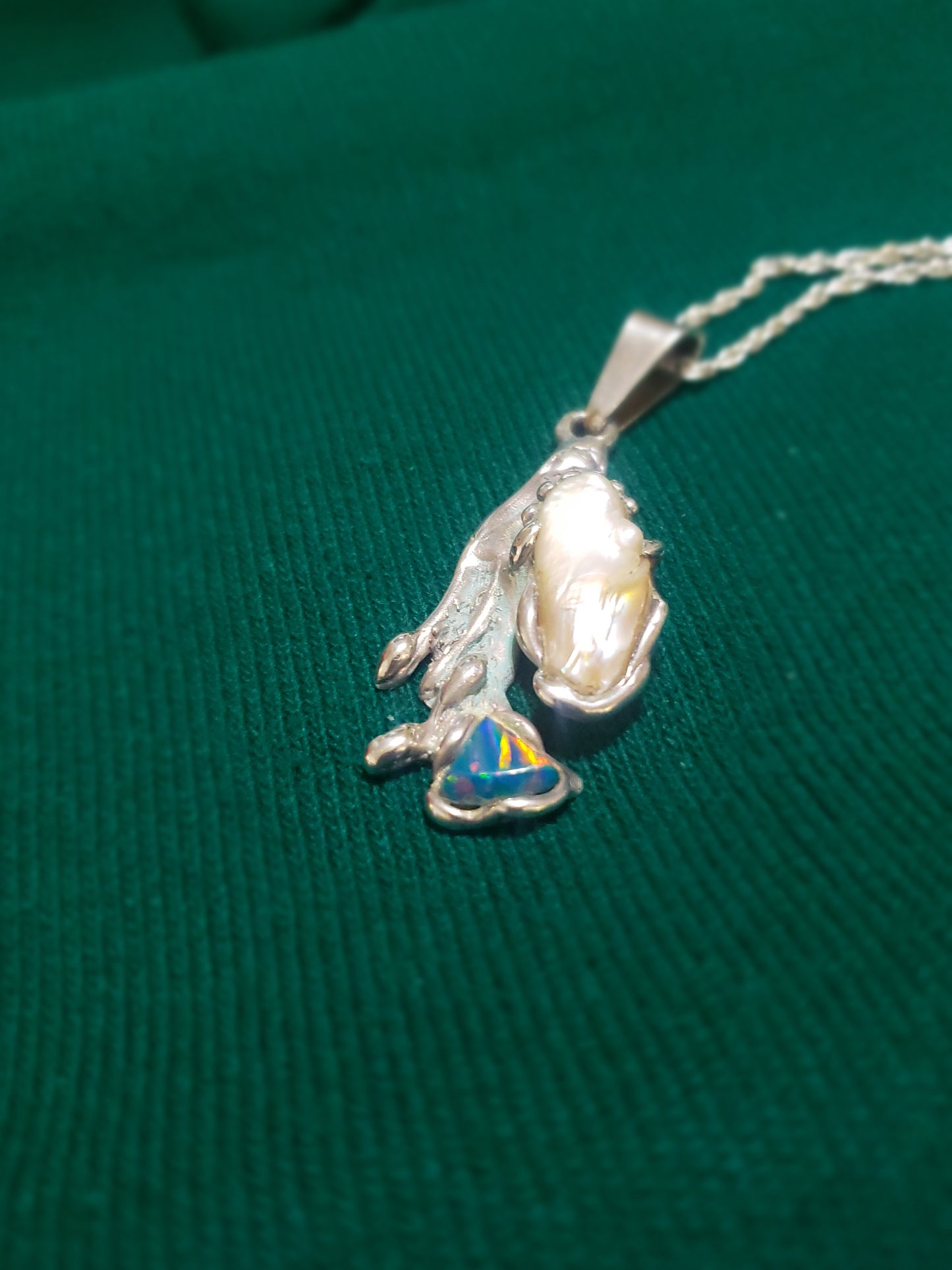 Freeform Pearl and Fire Opal Pendant Necklace