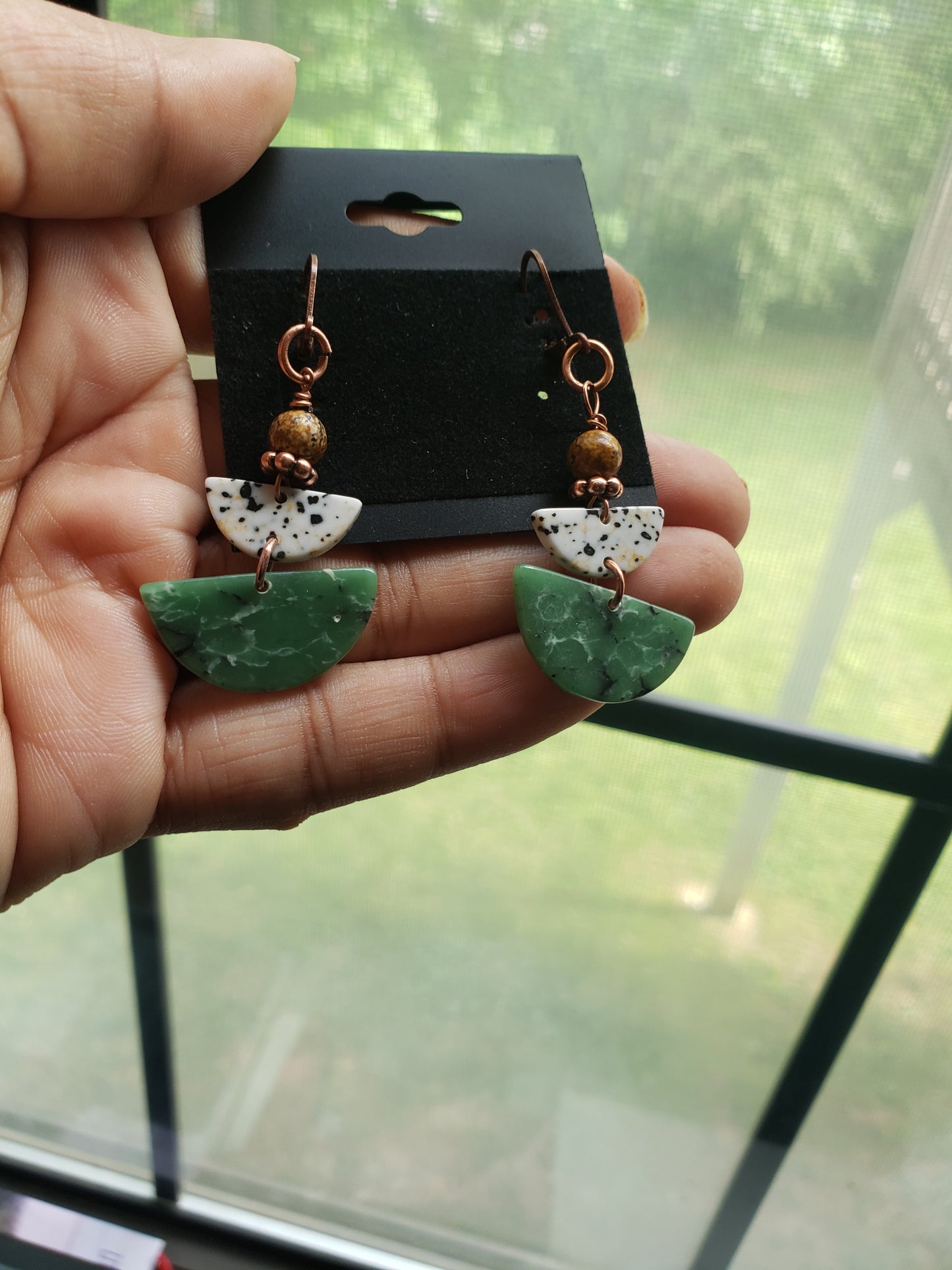 Green and White Semi Circle Earrings