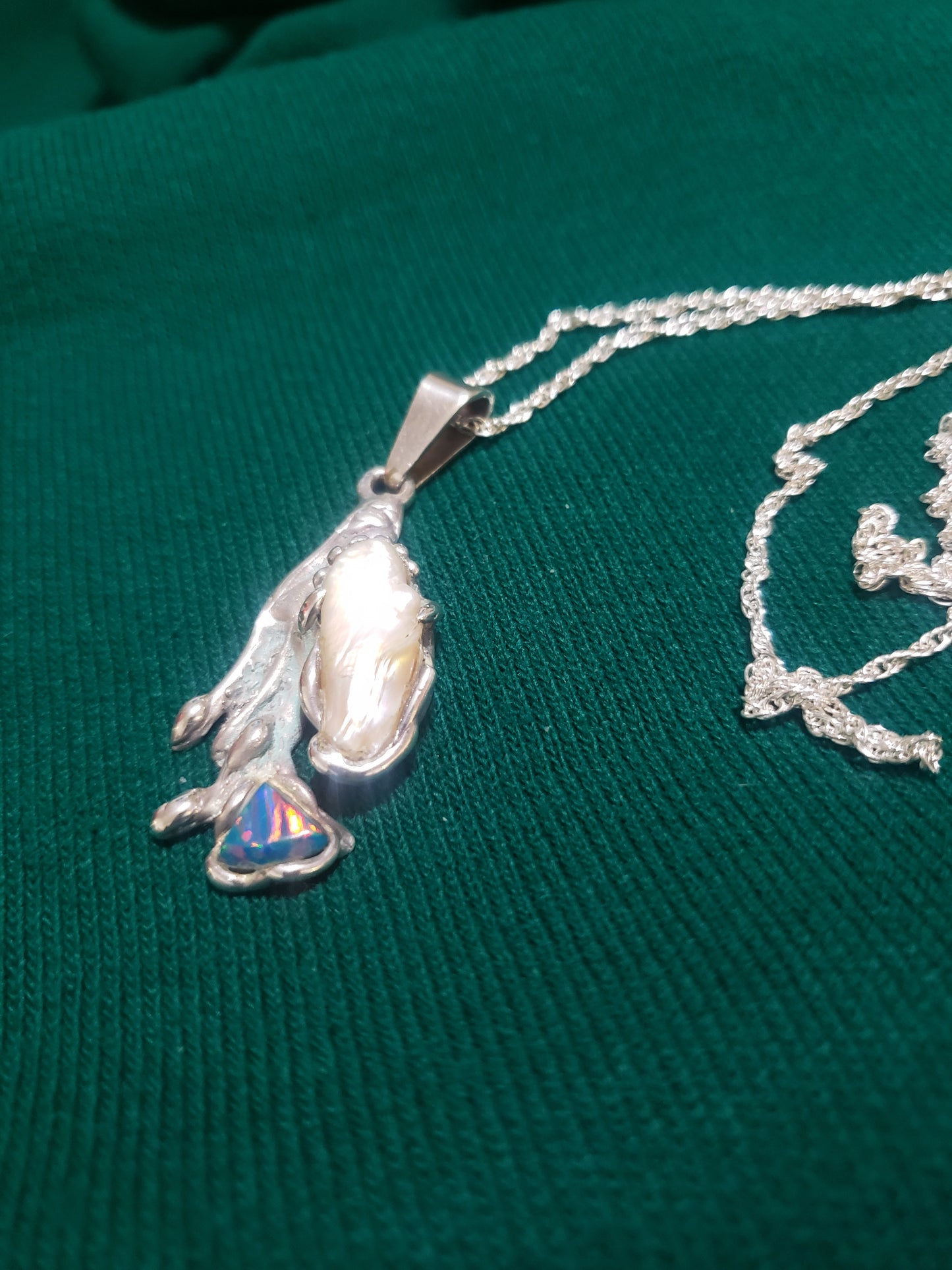 Freeform Pearl and Fire Opal Pendant Necklace