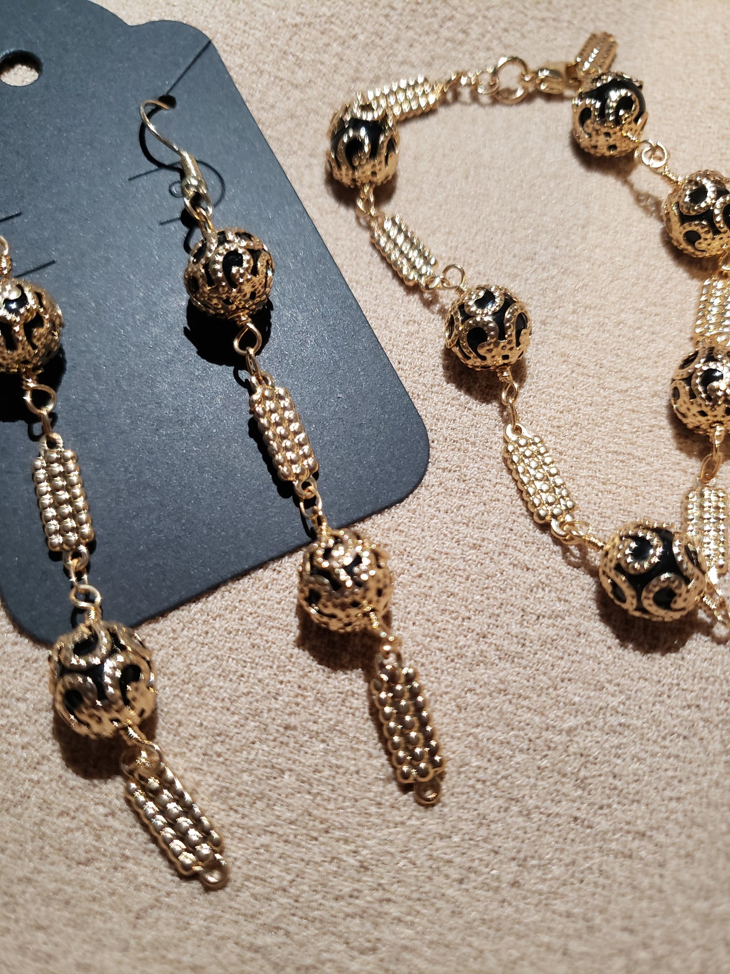 Gold Caged Bead Bracelet and Earring Set