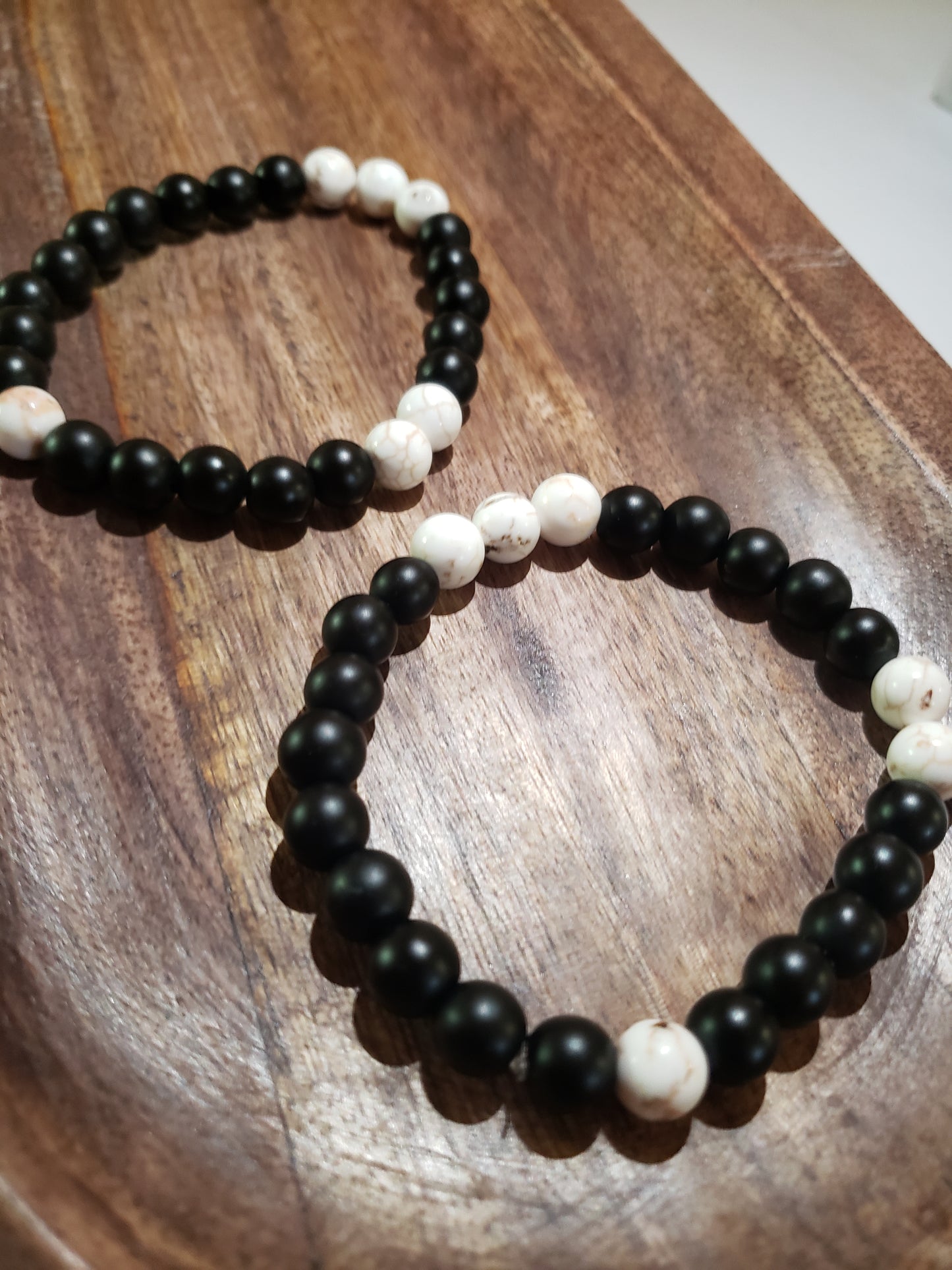 Matte Black Bead Bracelet w/ White Crackle Howlite Bead Accents