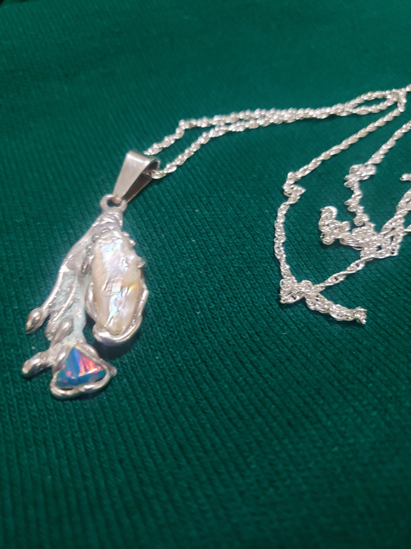 Freeform Pearl and Fire Opal Pendant Necklace