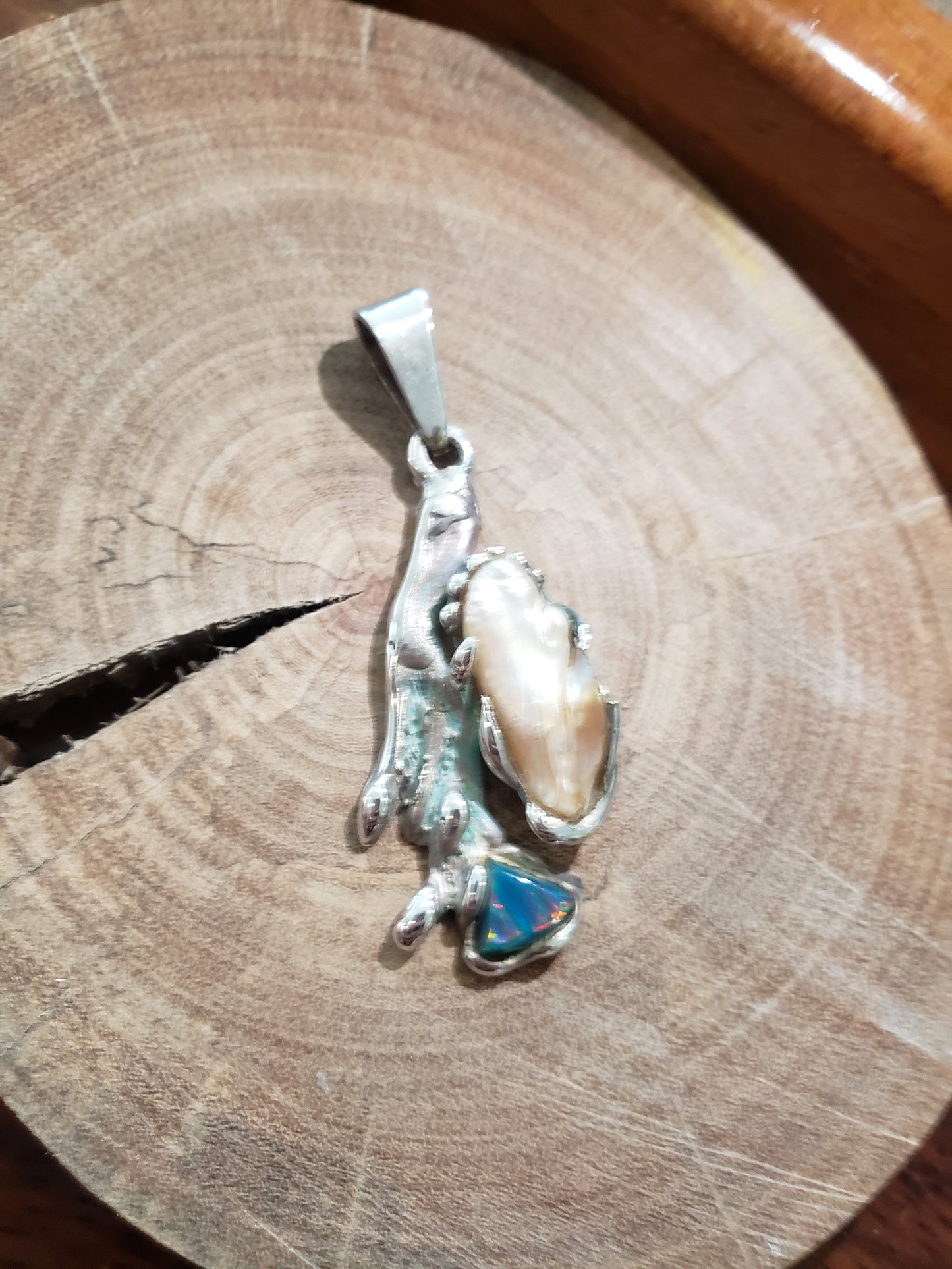 Freeform Pearl and Fire Opal Pendant Necklace
