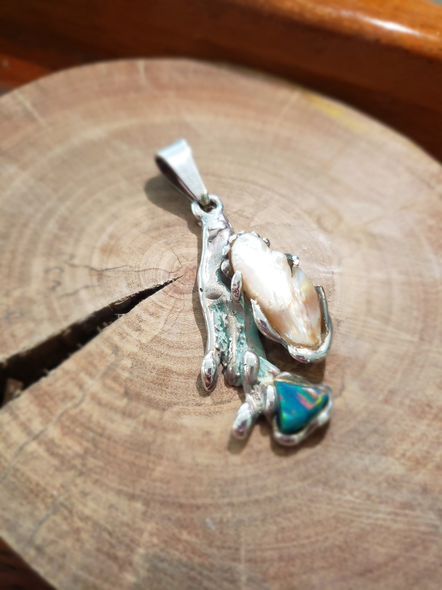 Freeform Pearl and Fire Opal Pendant Necklace