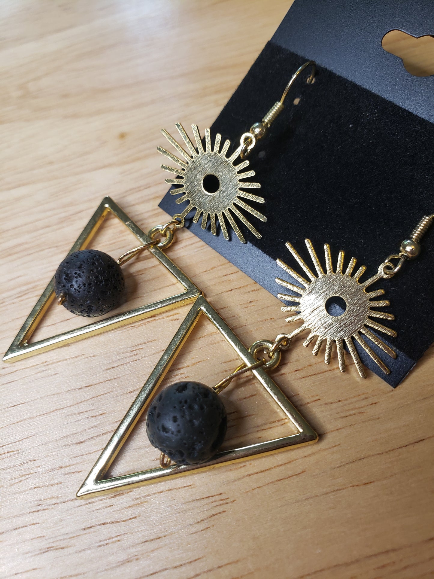 High Vibrations Essential Oil Diffuser Lava Stone Earrings with Geometric Evil Eye Charm