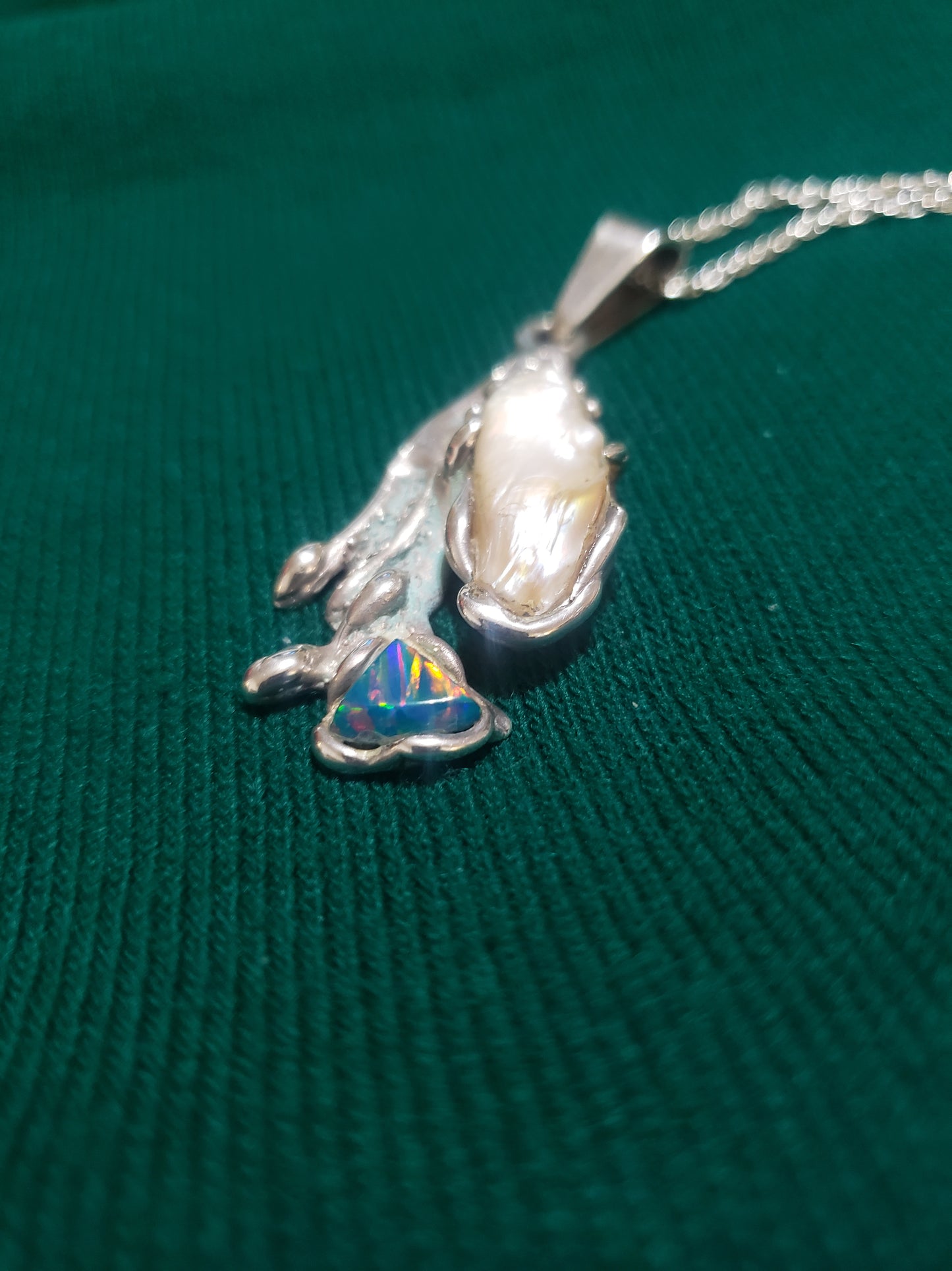Freeform Pearl and Fire Opal Pendant Necklace