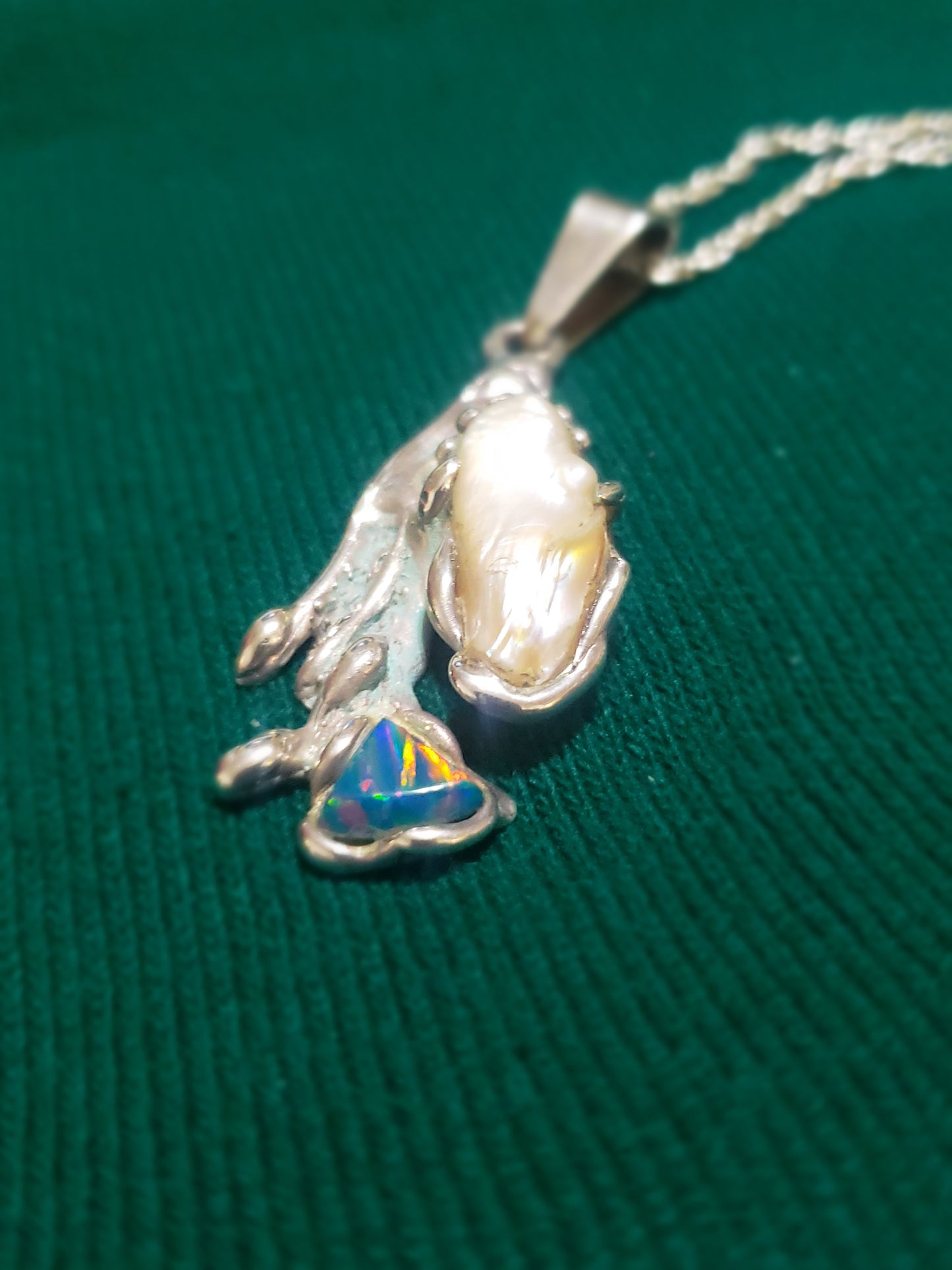 Freeform Pearl and Fire Opal Pendant Necklace