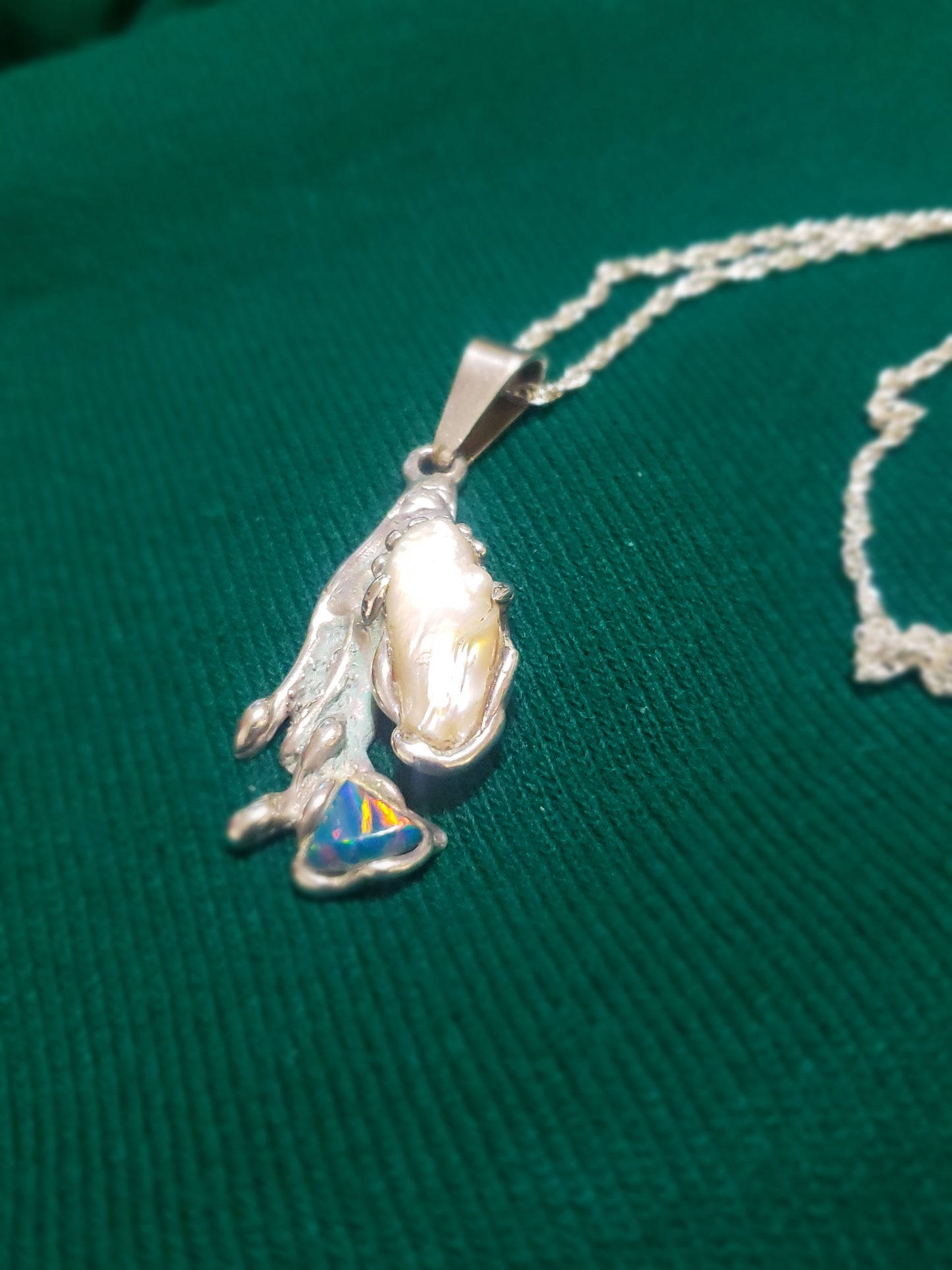 Freeform Pearl and Fire Opal Pendant Necklace
