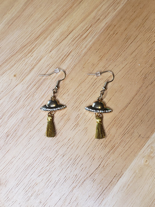 Gold Finish Spaceship Earrings w/ Tassels