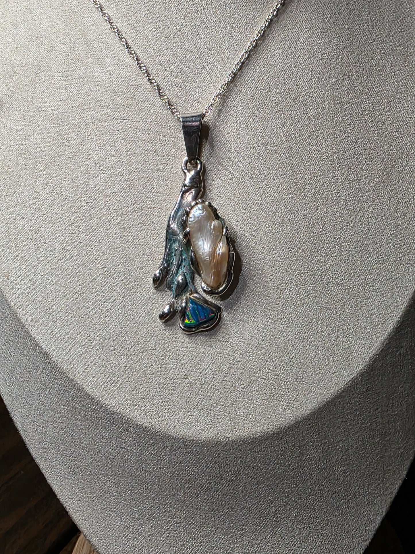 Freeform Pearl and Fire Opal Pendant Necklace