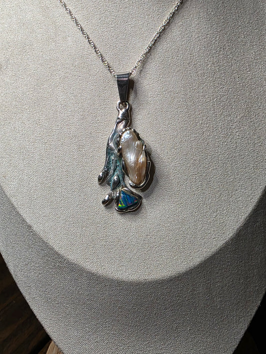 Freeform Pearl and Fire Opal Pendant Necklace