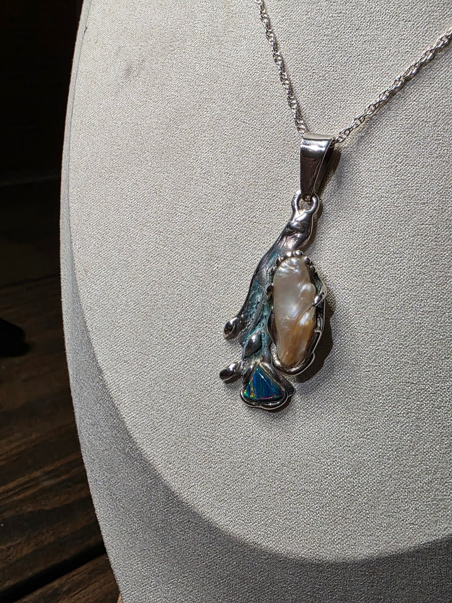 Freeform Pearl and Fire Opal Pendant Necklace
