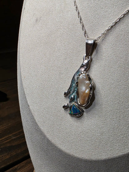 Freeform Pearl and Fire Opal Pendant Necklace