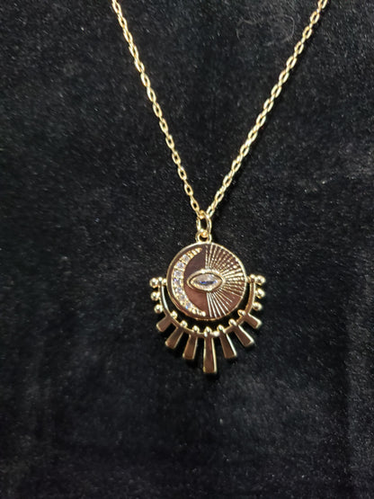 Gold Micropaved Sun and Moon Evil Eye Necklace