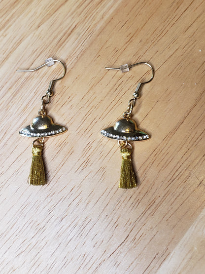 Gold Finish Spaceship Earrings w/ Tassels