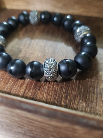 “Obsidian Crown” – Matte Black & Crystal Pavé Bracelet