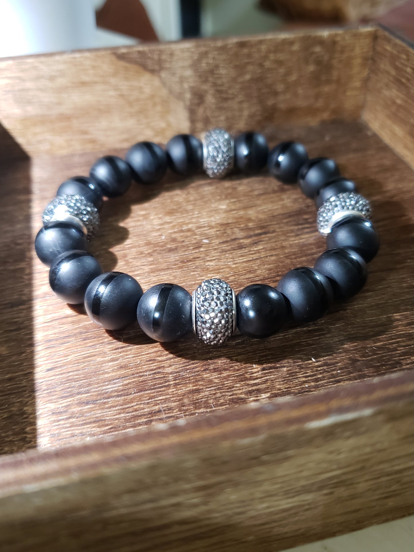 “Obsidian Crown” – Matte Black & Crystal Pavé Bracelet