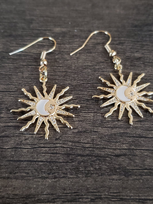 Gold Sun and Moon Micropaved Earrings