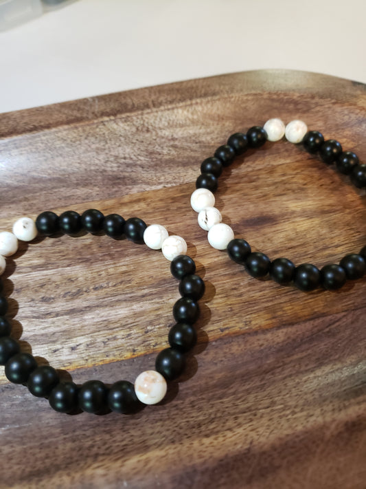 Matte Black Bead Bracelet w/ White Crackle Howlite Bead Accents