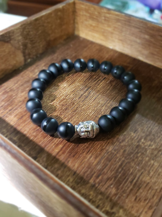 Striped Matte Black with Buddha Head Unisex Bracelet