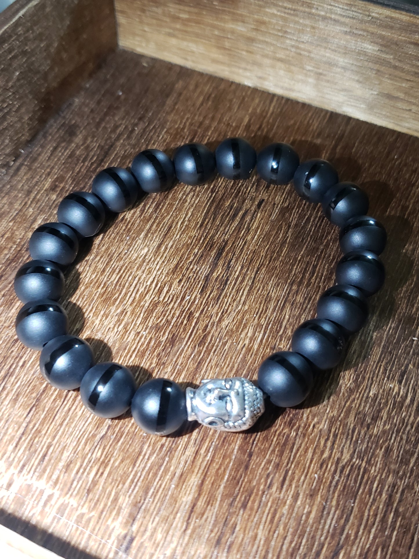Striped Matte Black with Buddha Head Unisex Bracelet