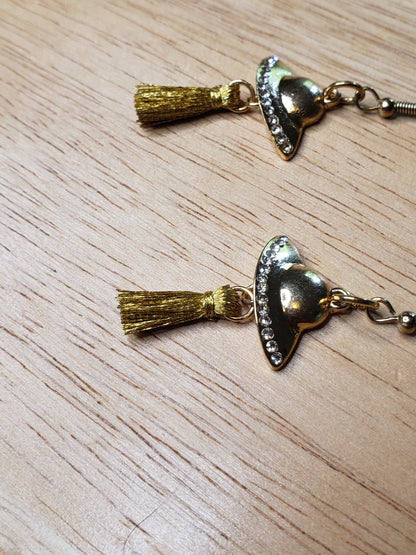 Gold Finish Spaceship Earrings w/ Tassels