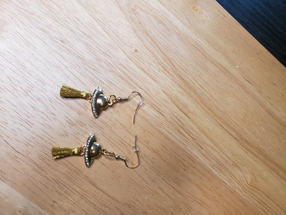 Gold Finish Spaceship Earrings w/ Tassels