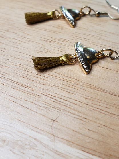 Gold Finish Spaceship Earrings w/ Tassels