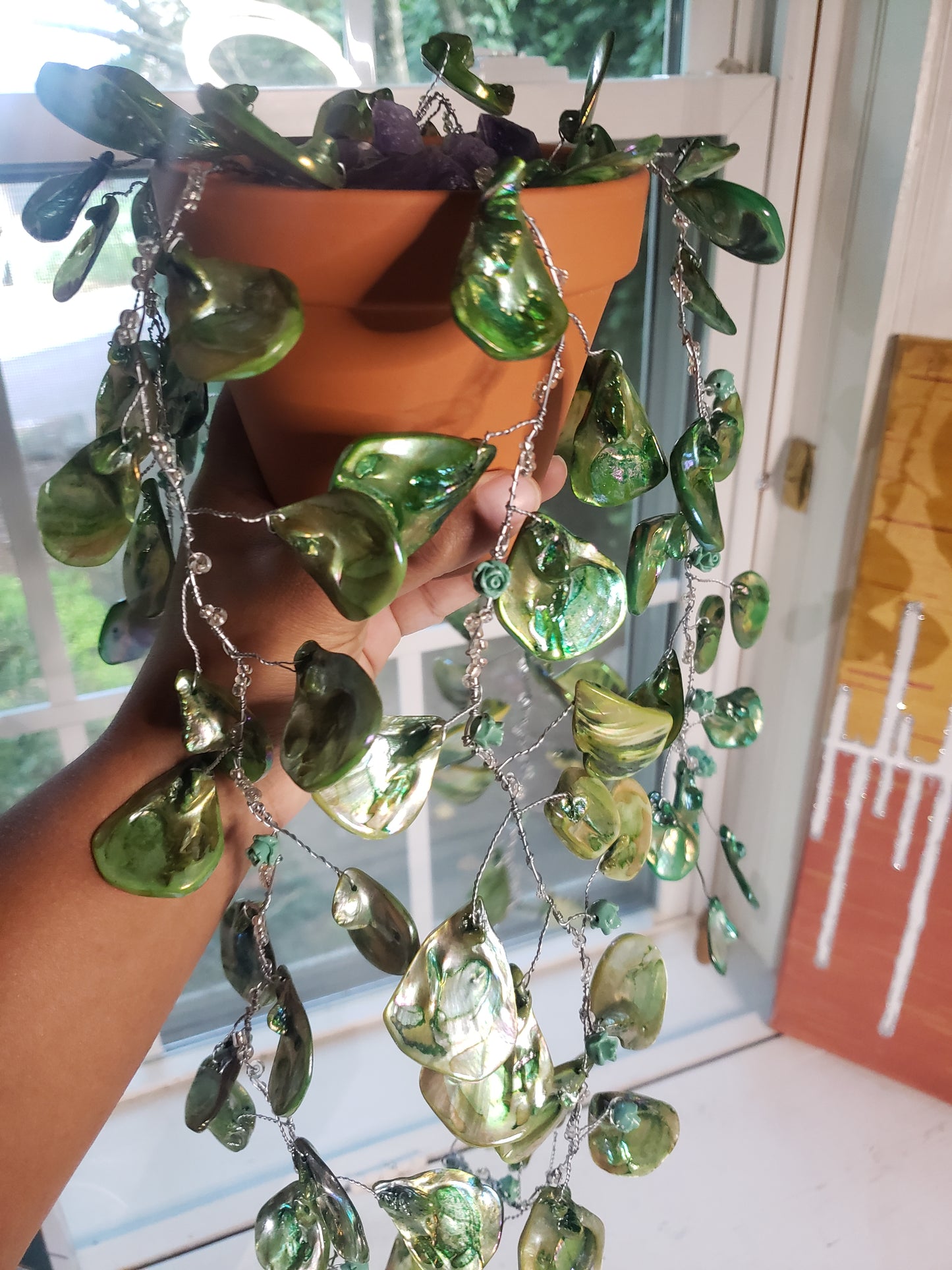 Beaded Plant- Green Auroaboralis Draping Leaf