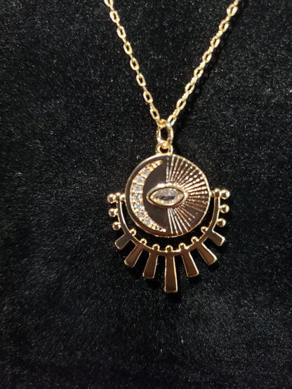 Gold Micropaved Sun and Moon Evil Eye Necklace