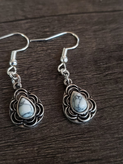 Silver and White Teardrop Pendant Earrings