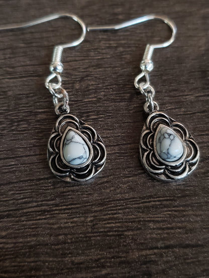 Silver and White Teardrop Pendant Earrings