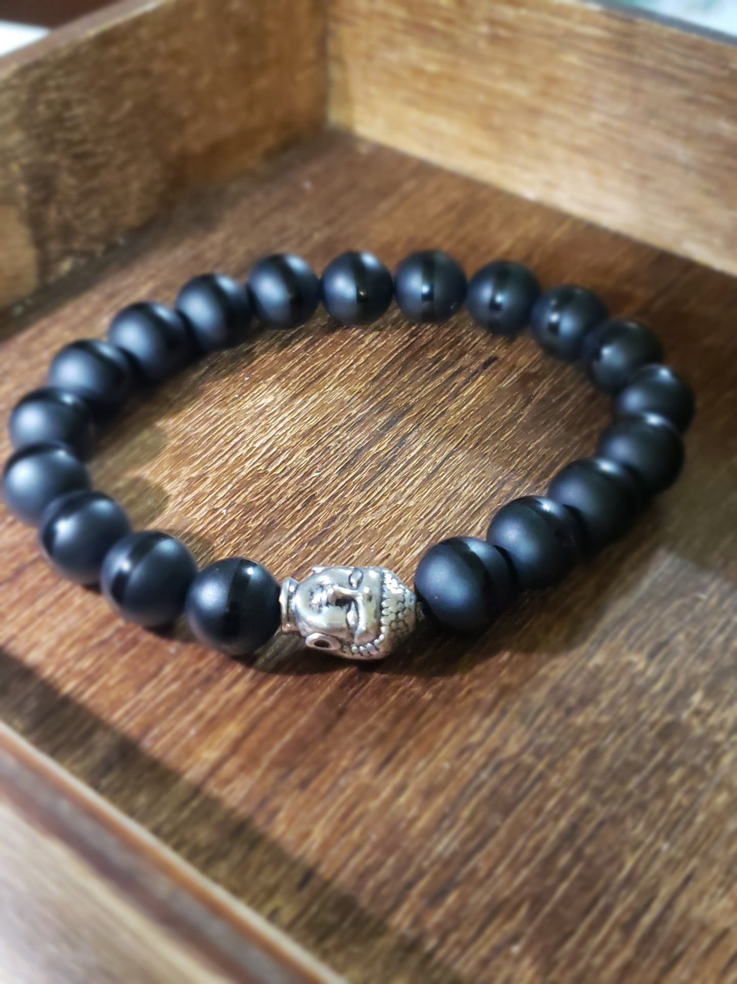 Striped Matte Black with Buddha Head Unisex Bracelet