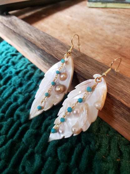 Mother of Pearl Carved Feather Earrings